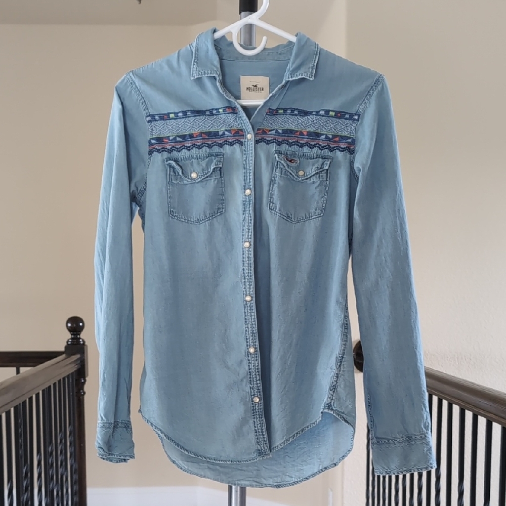 Hollister Light Blue Button Down Shirt with Patterned Accents